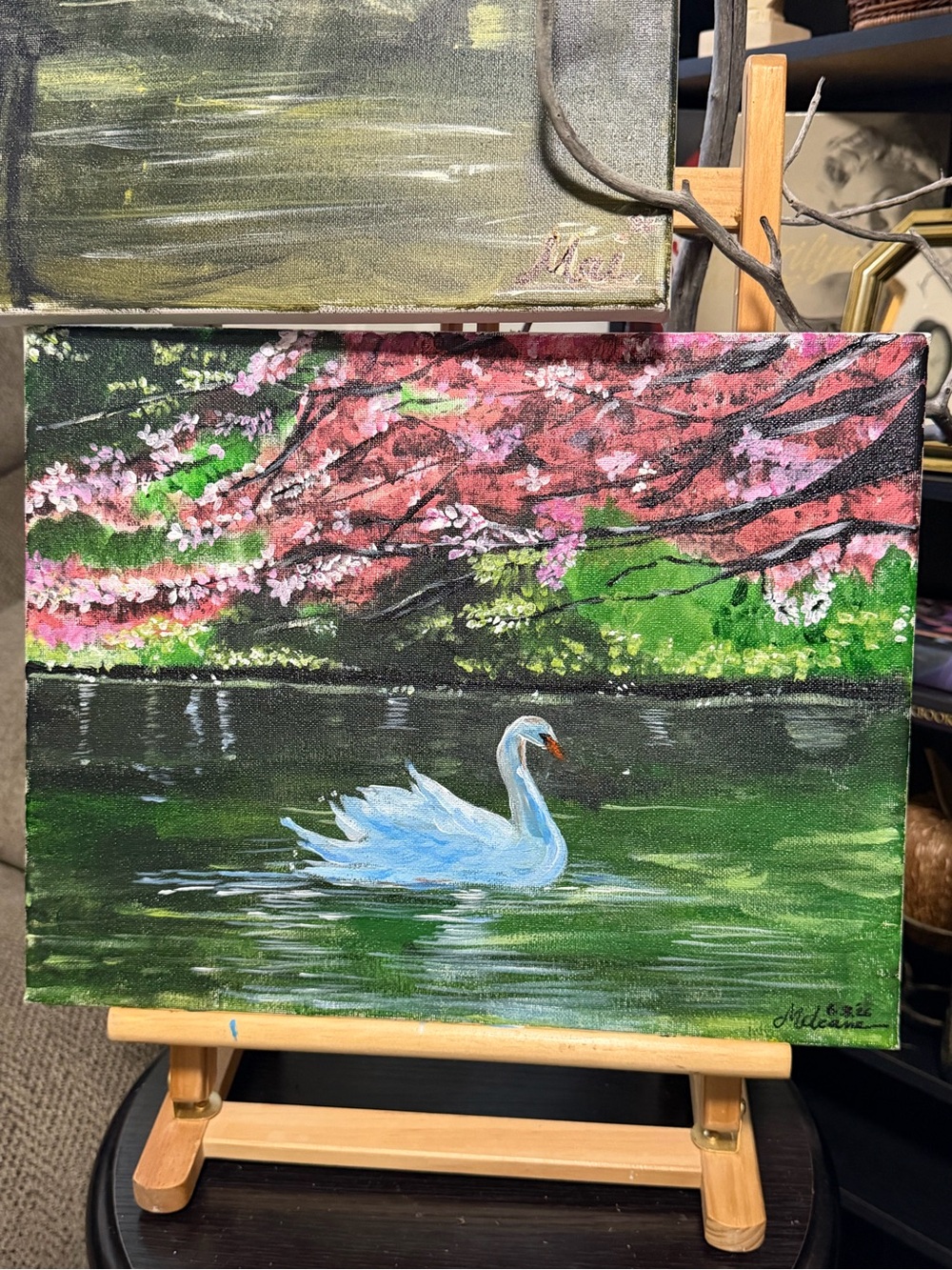 Hand-Painted Swan on Cherry Blossom Pond Canvas - Pink & Green